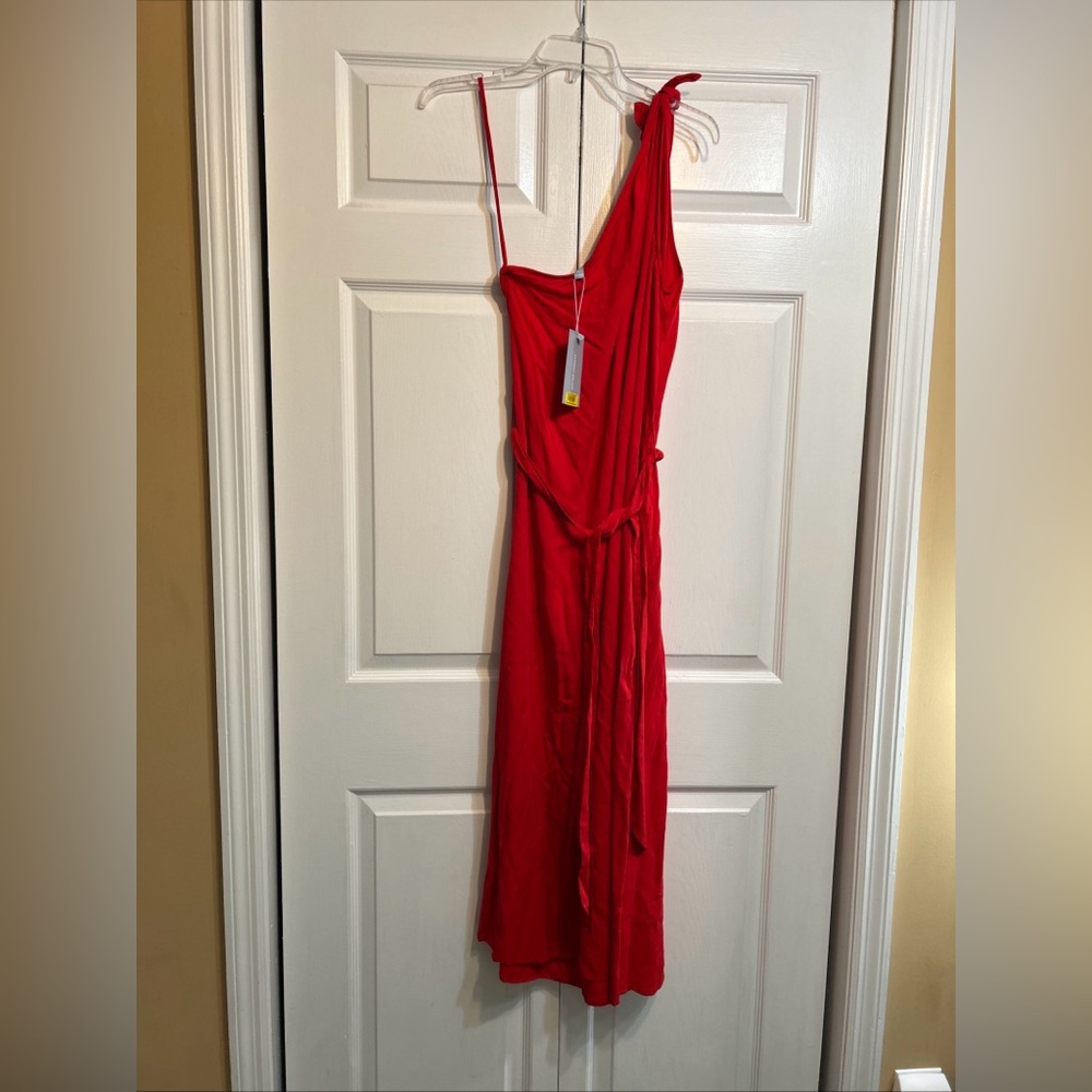 NWT ANTONIO MELANI One Shoulder Tie Maxi Dress Size L Large Red w/Belt